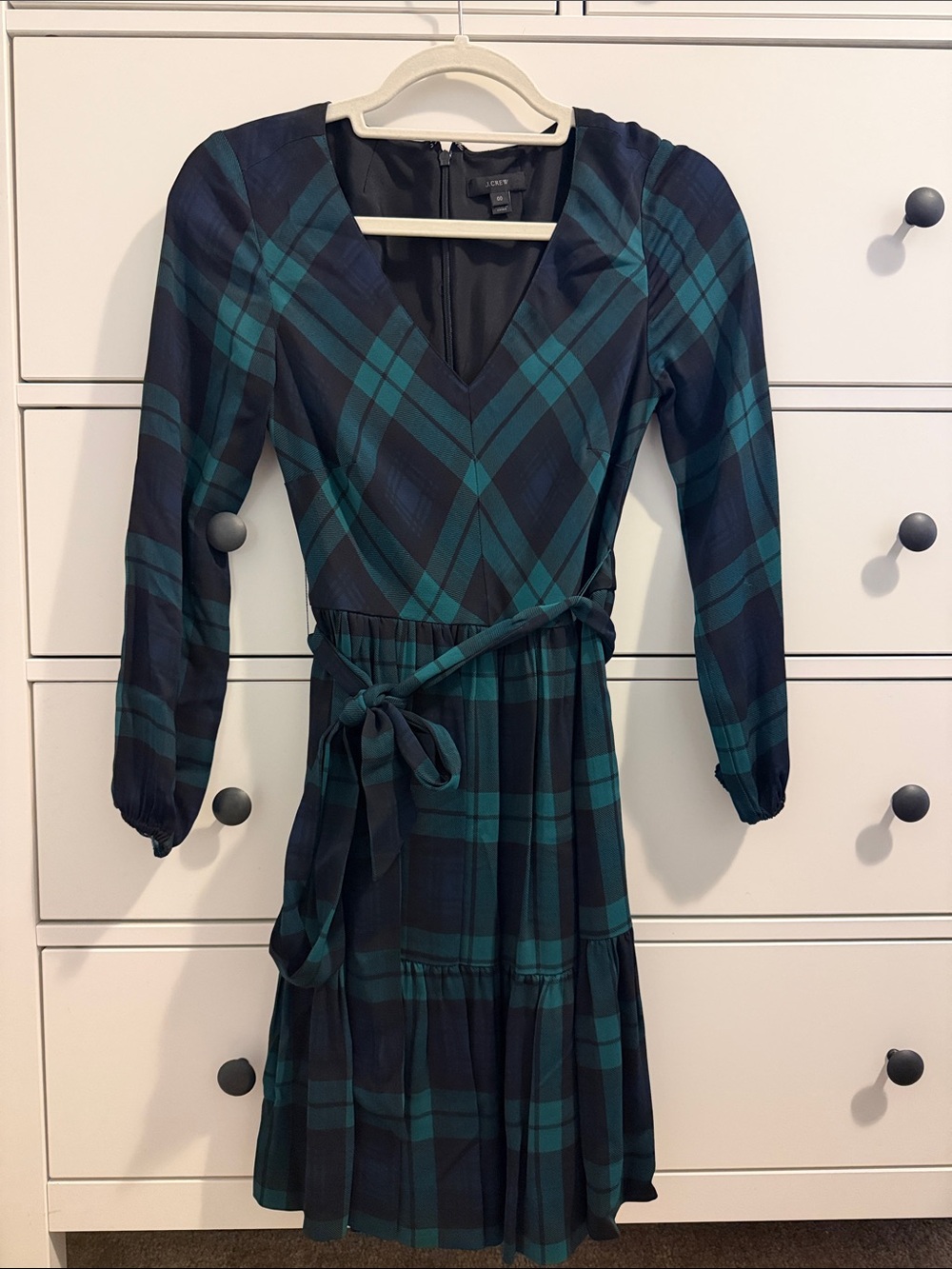 J. Crew Green and Navy Plaid Long-Sleeve Dress